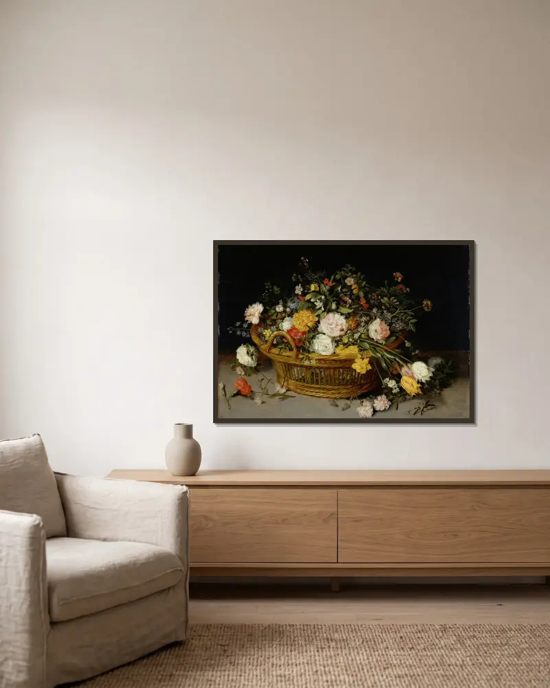En blomsterkorg av Jan Brueghel the Younger inramad på en vägg