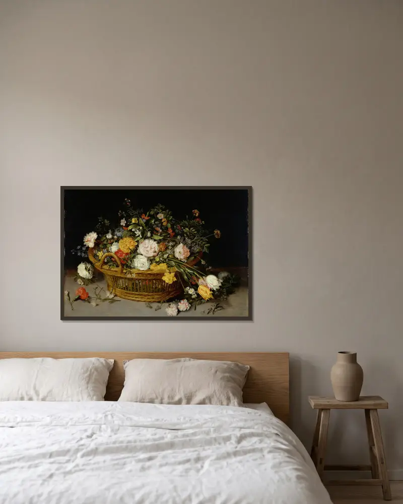En blomsterkorg av Jan Brueghel the Younger inramad på en vägg
