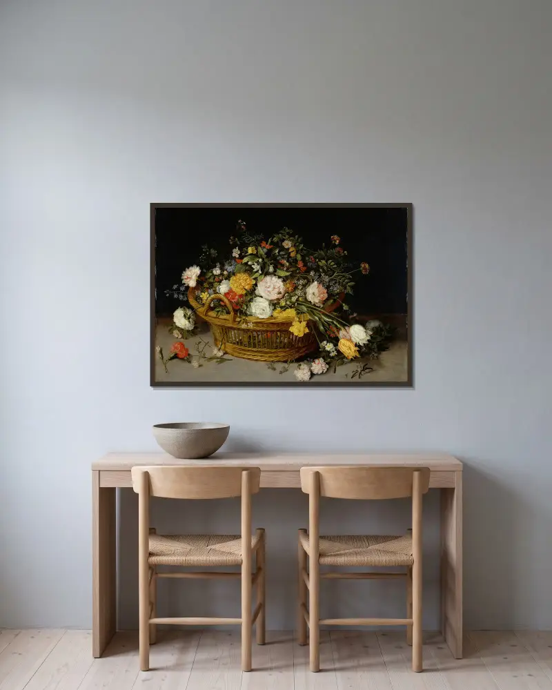 En blomsterkorg av Jan Brueghel the Younger inramad på en vägg