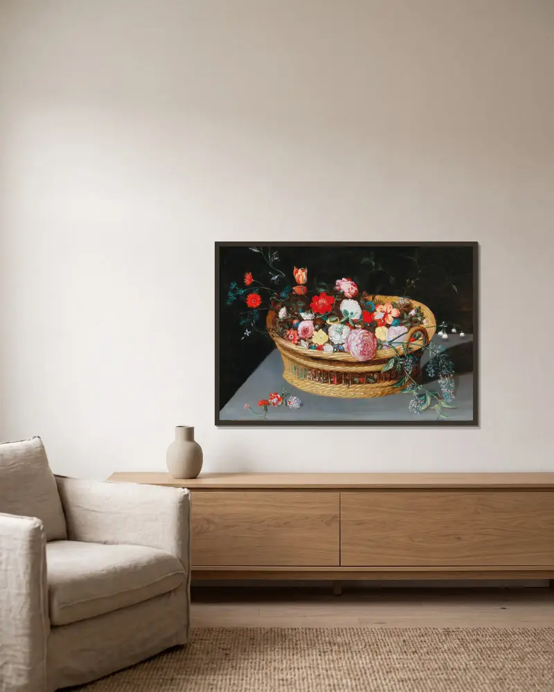 Ein Korb mit Frühlingsblumen auf einem Steintisch von Jan Brueghel the Younger gerahmt an einer Wand