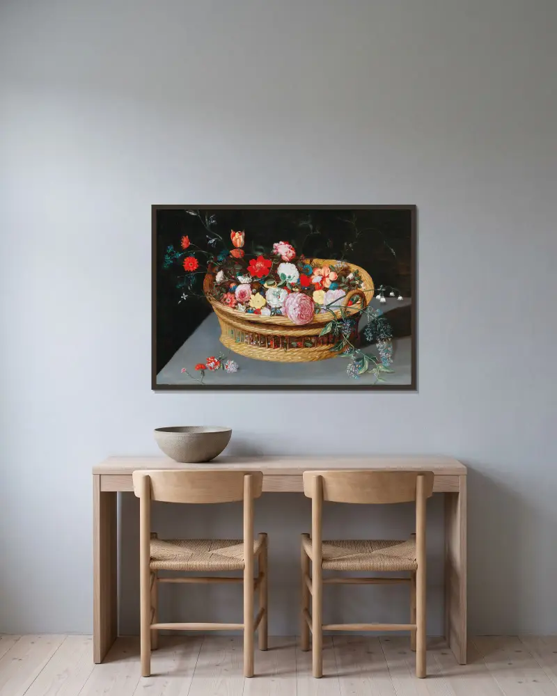 Ein Korb mit Frühlingsblumen auf einem Steintisch von Jan Brueghel the Younger gerahmt an einer Wand