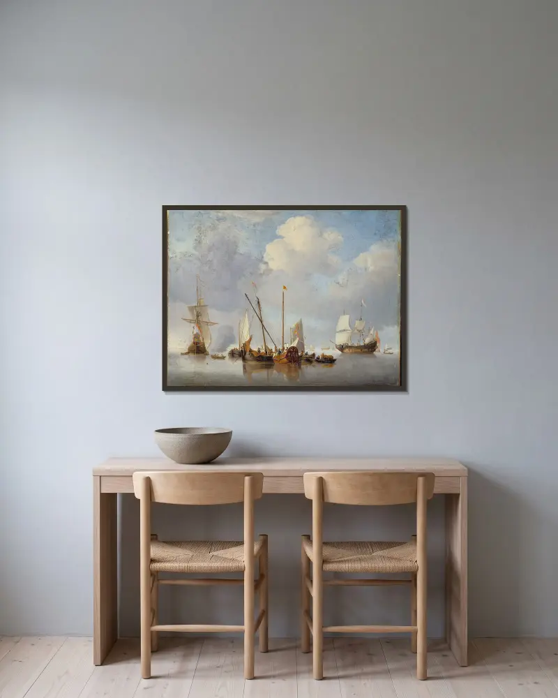 A Calm – nr 2 av Willem van de Velde the Younger inramad på en vägg