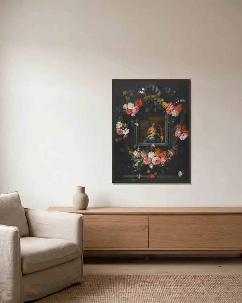 En blomstergirlang kring Jungfrun och Barnet av Jan Brueghel the Younger inramad på en vägg