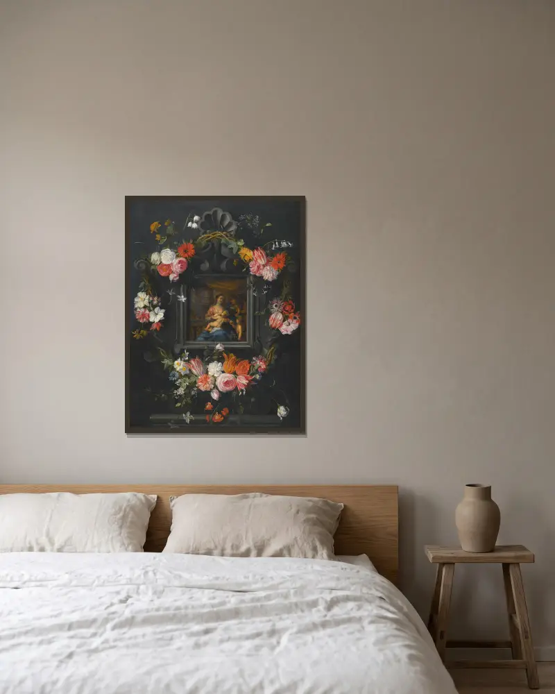 En blomstergirlang kring Jungfrun och Barnet av Jan Brueghel the Younger inramad på en vägg