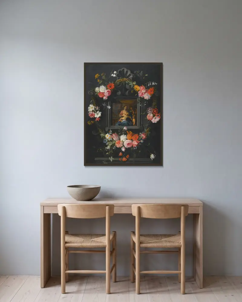 En blomstergirlang kring Jungfrun och Barnet av Jan Brueghel the Younger inramad på en vägg