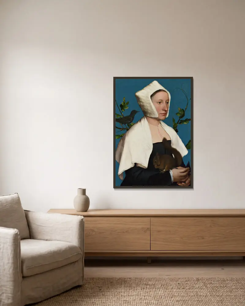 Damen med ekorre och stare av Hans Holbein The Younger inramad på en vägg