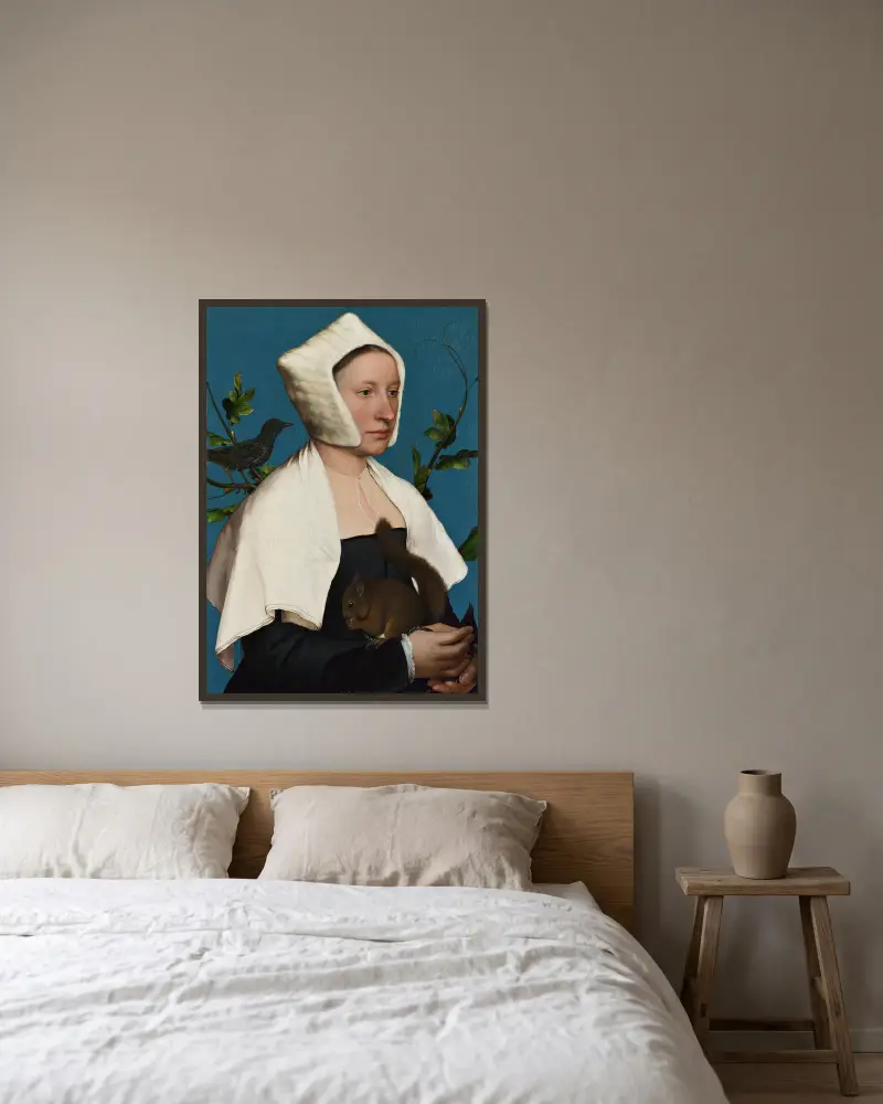 Damen med ekorre och stare av Hans Holbein The Younger inramad på en vägg