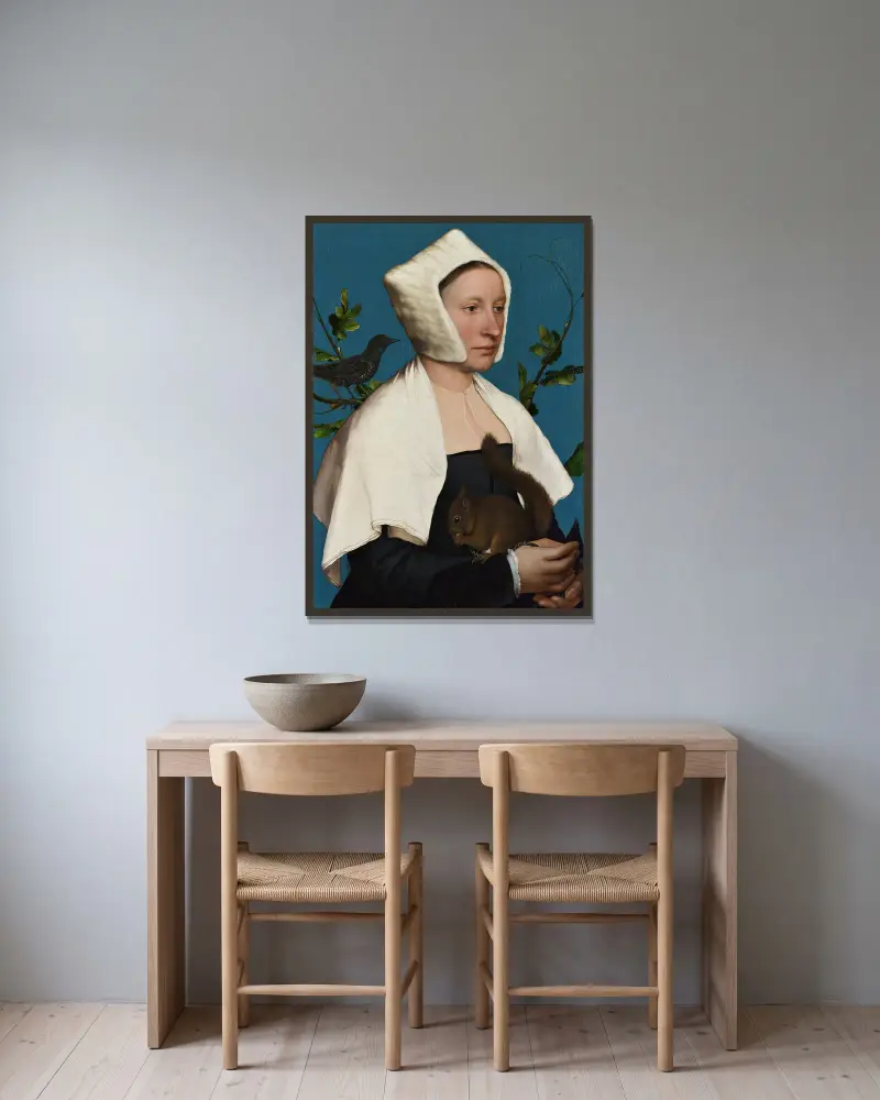 Damen med ekorre och stare av Hans Holbein The Younger inramad på en vägg
