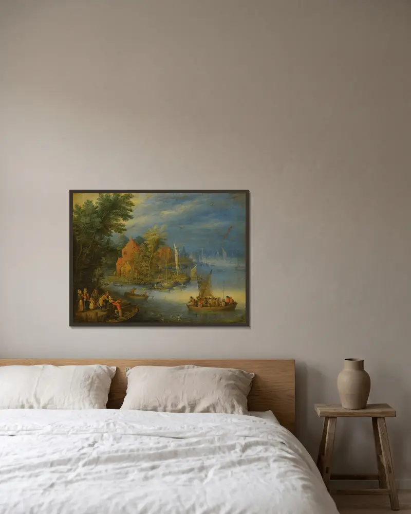 Eine Stadt am Ufer eines breiten Flusses mit einer schwer beladenen Fähre, die sich im Vordergrund dem Ufer nähert von Jan Brueghel the Younger gerahmt an einer Wand