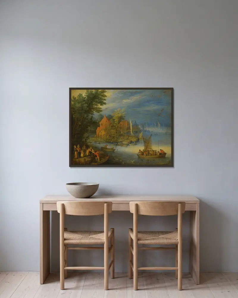 Eine Stadt am Ufer eines breiten Flusses mit einer schwer beladenen Fähre, die sich im Vordergrund dem Ufer nähert von Jan Brueghel the Younger gerahmt an einer Wand