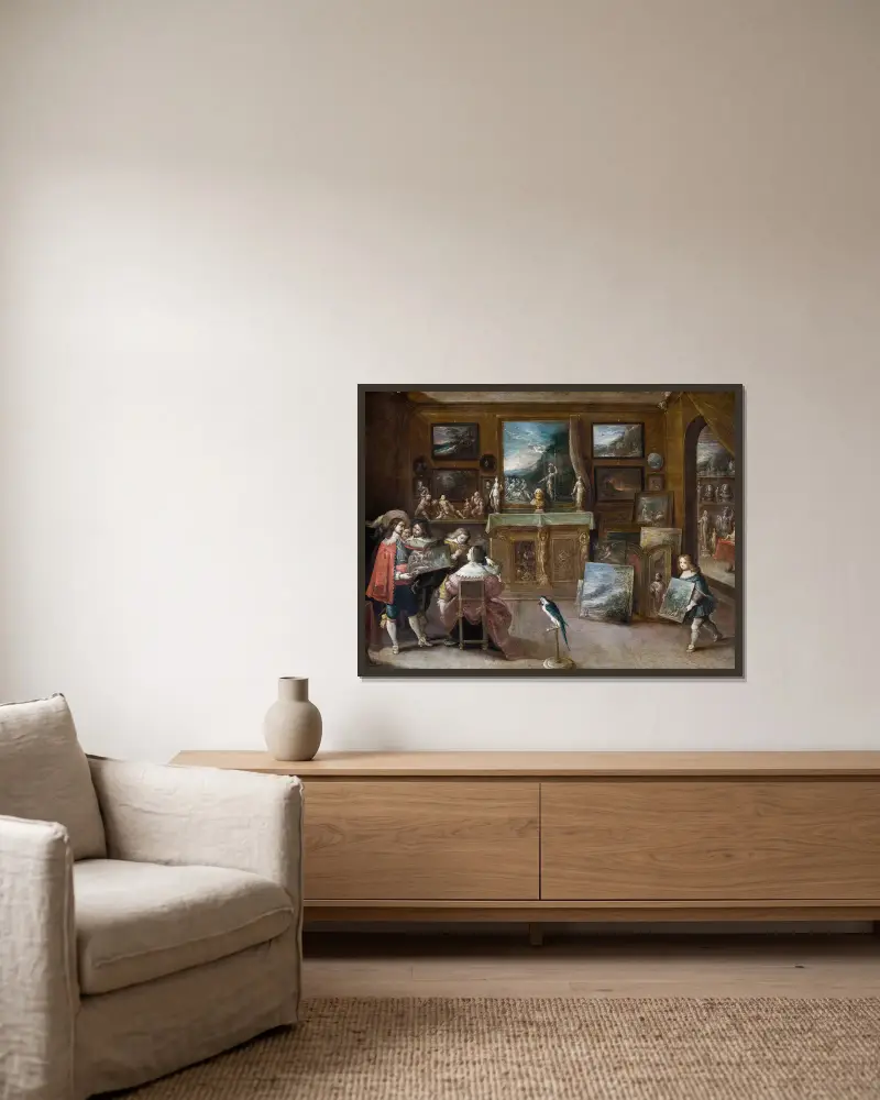 Ett besök hos konsthandlaren av Frans Francken the Younger inramad på en vägg