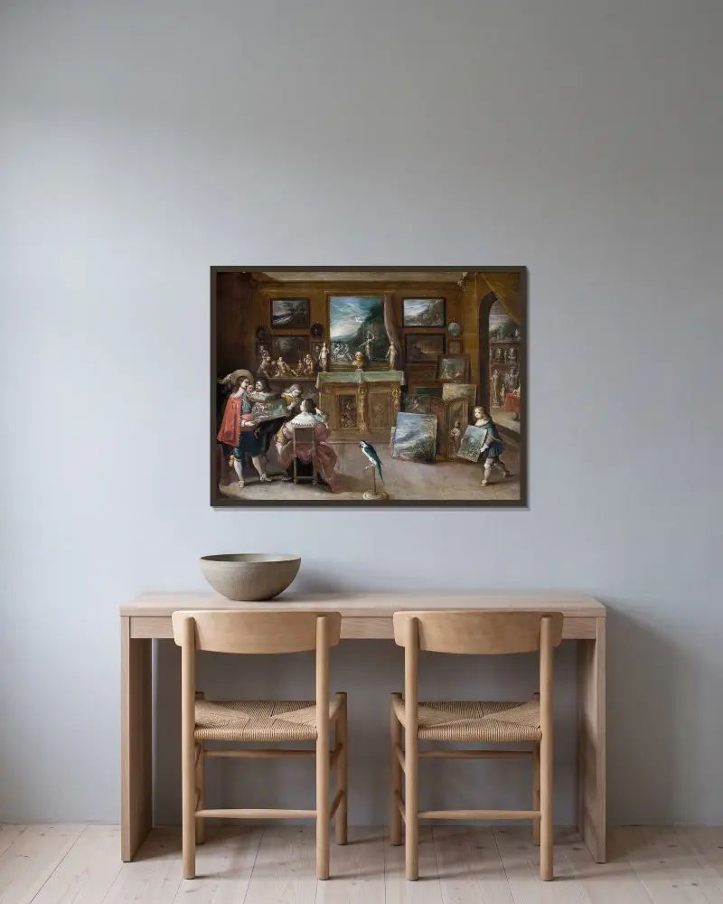 Ett besök hos konsthandlaren av Frans Francken the Younger inramad på en vägg