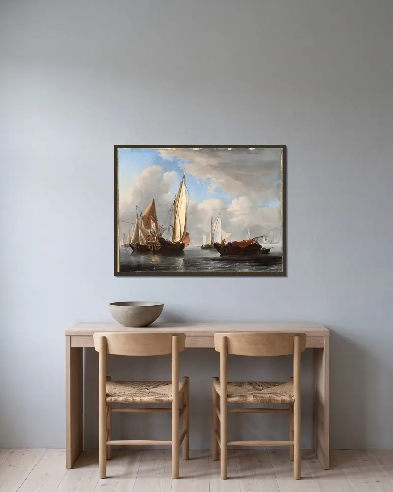 A Yacht and Other Vessels in a Calm av Willem van de Velde the Younger inramad på en vägg