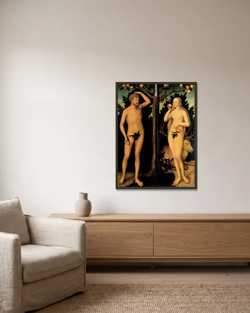 Adam und Eva von Lucas Cranach the Younger gerahmt an einer Wand