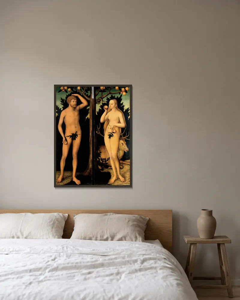Adam und Eva von Lucas Cranach the Younger gerahmt an einer Wand