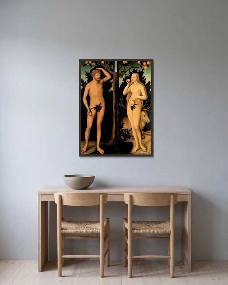 Adam und Eva von Lucas Cranach the Younger gerahmt an einer Wand