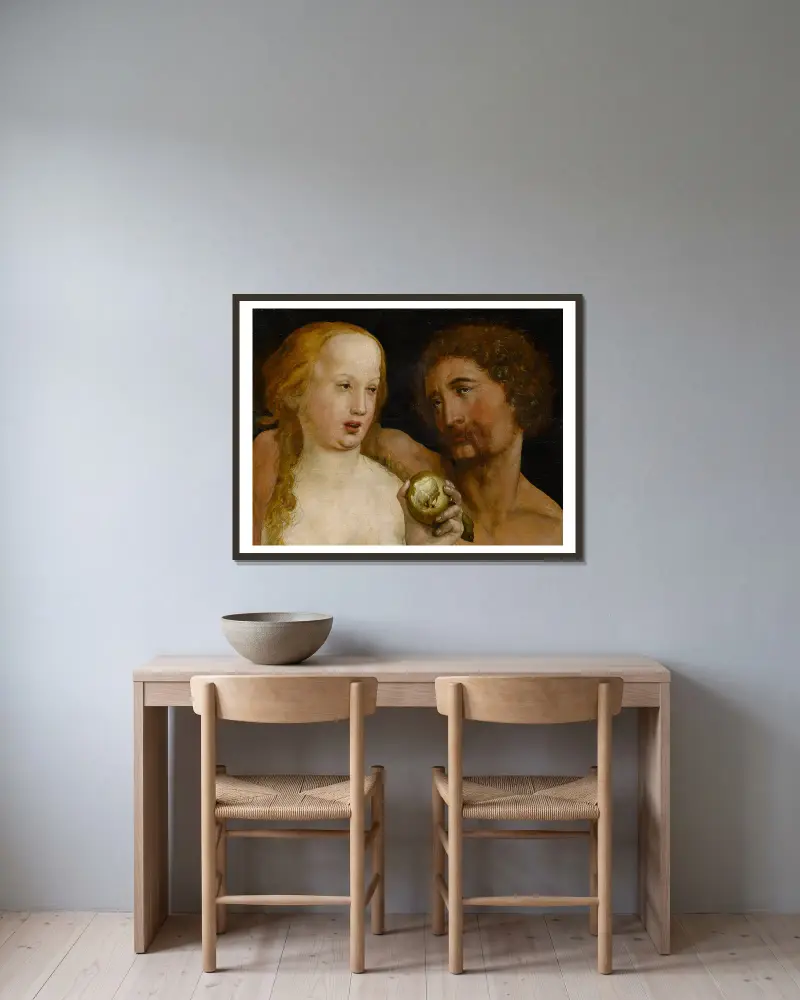 Adam und Eva von Hans Holbein The Younger gerahmt an einer Wand