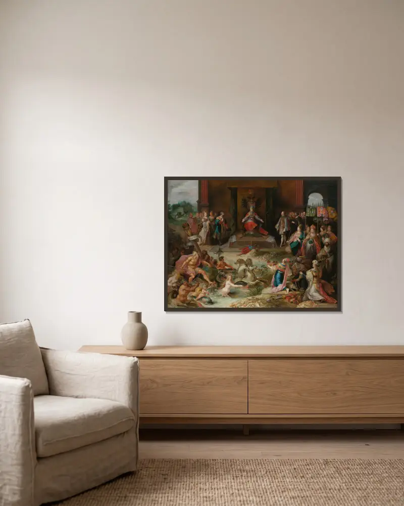 Allegori över kejsar Karl V:s abdikation i Bryssel av Frans Francken the Younger inramad på en vägg