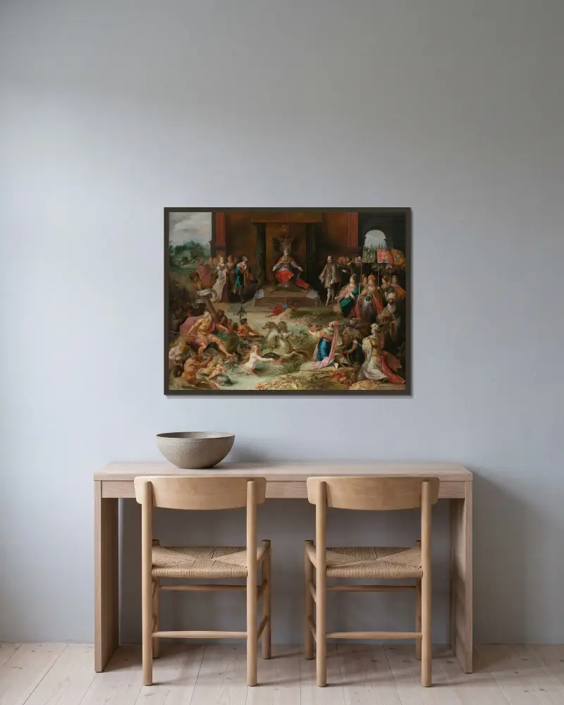 Allegori över kejsar Karl V:s abdikation i Bryssel av Frans Francken the Younger inramad på en vägg