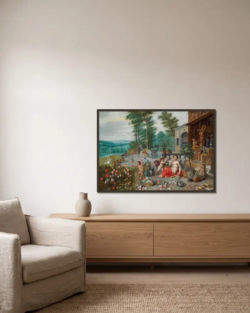 An Allegory Of Smell av Jan Brueghel the Younger inramad på en vägg