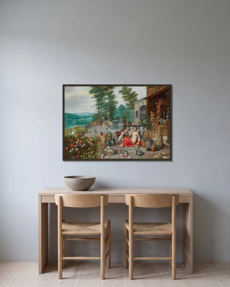 An Allegory Of Smell av Jan Brueghel the Younger inramad på en vägg