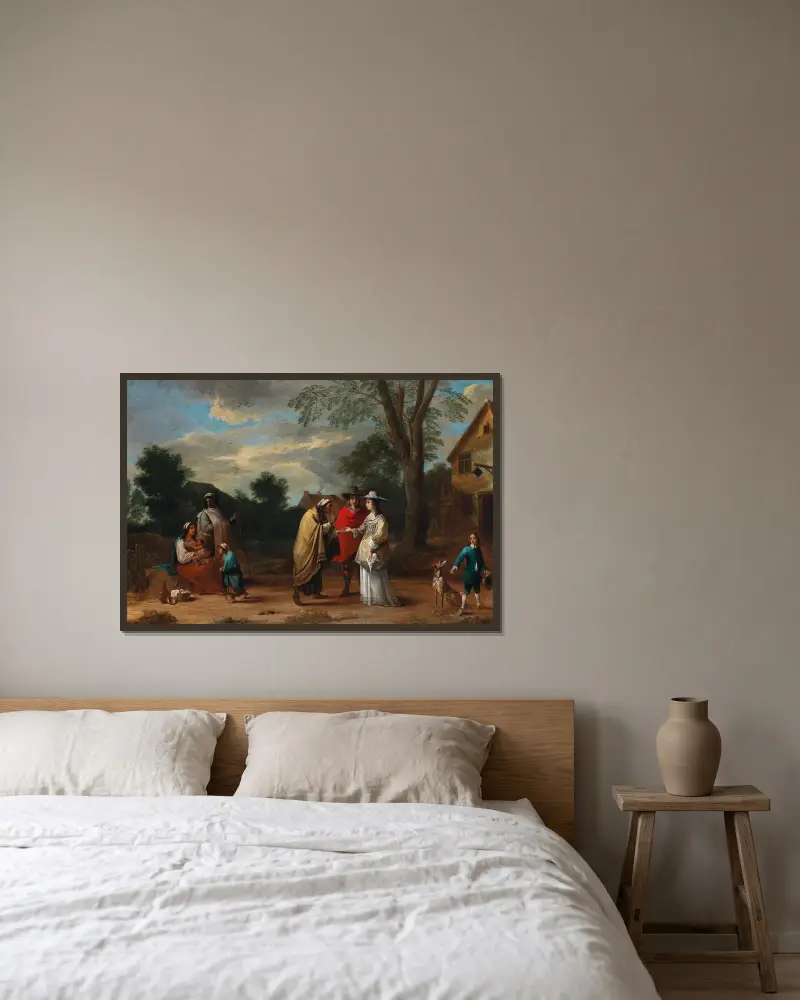 Ein elegantes Paar trifft eine Wahrsagerin von David Teniers The Younger gerahmt an einer Wand