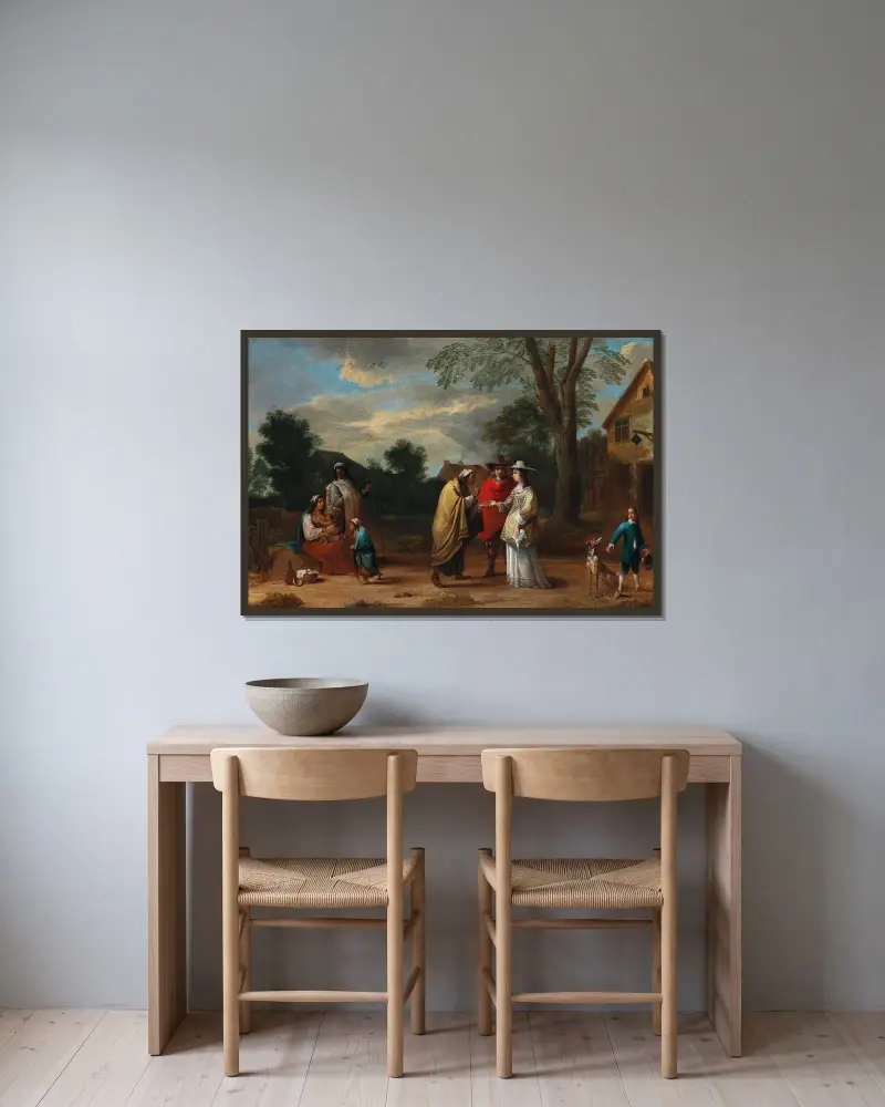 Ein elegantes Paar trifft eine Wahrsagerin von David Teniers The Younger gerahmt an einer Wand