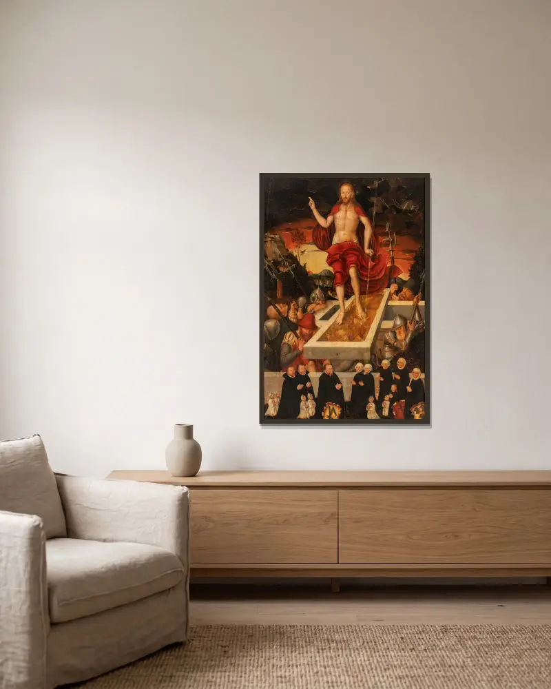 En gravskrift; den uppståndne Kristus med en donatorsfamilj av Lucas Cranach the Younger inramad på en vägg
