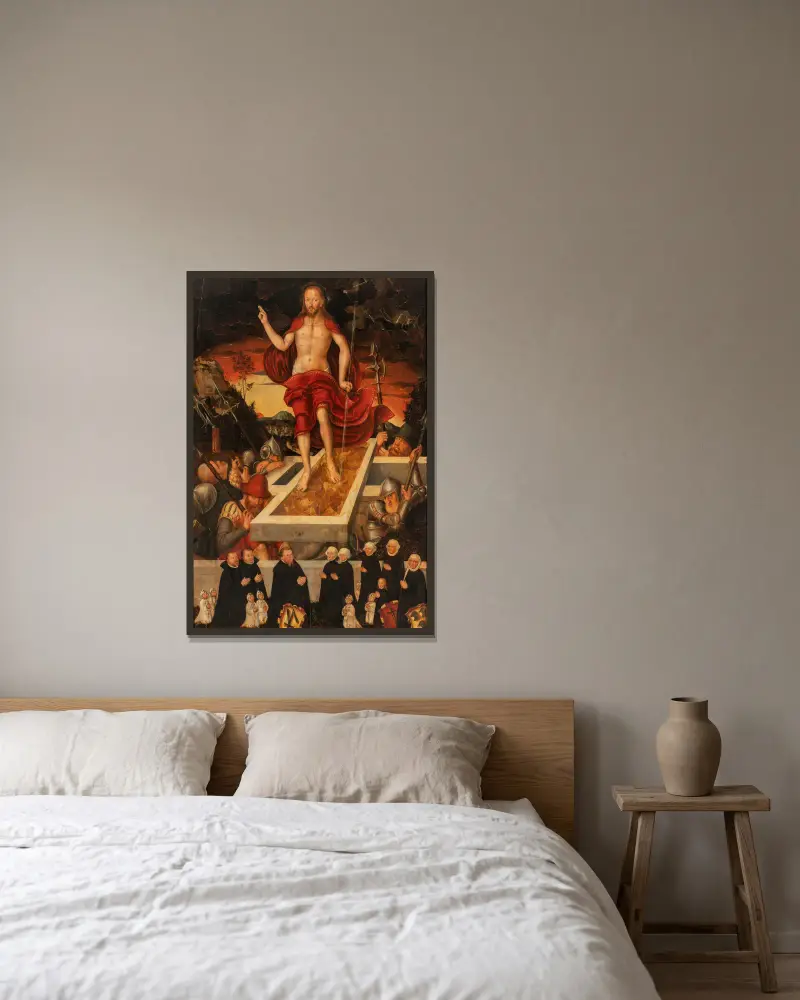 En gravskrift; den uppståndne Kristus med en donatorsfamilj av Lucas Cranach the Younger inramad på en vägg
