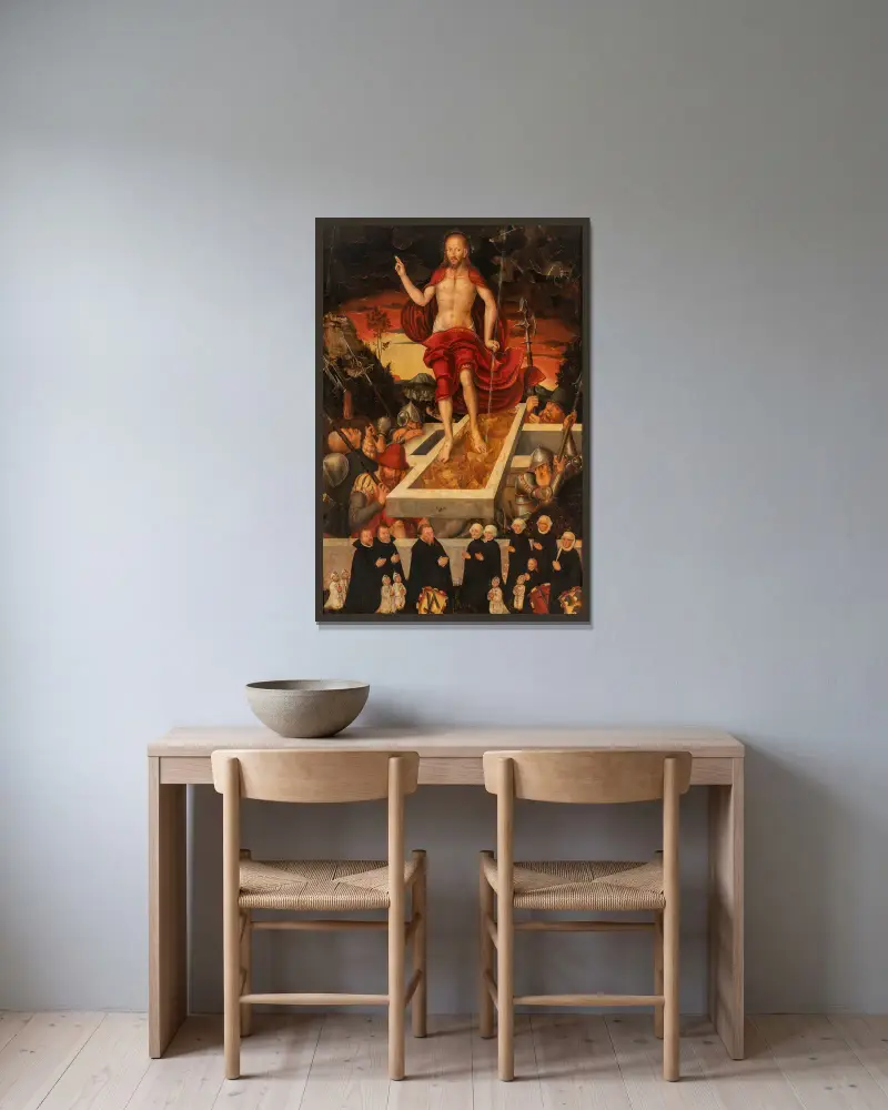 En gravskrift; den uppståndne Kristus med en donatorsfamilj av Lucas Cranach the Younger inramad på en vägg