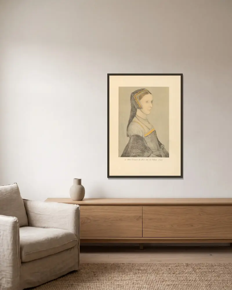 Anne Cresacre im Alter von 16 Jahren von Hans Holbein The Younger gerahmt an einer Wand