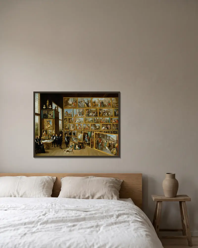 Ärkehertig Leopold Vilhelm i sitt galleri i Bryssel av David Teniers The Younger inramad på en vägg