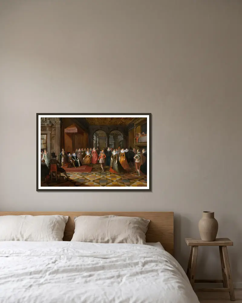 Ballszene an einem Hof in Brüssel von Frans Francken the Younger gerahmt an einer Wand