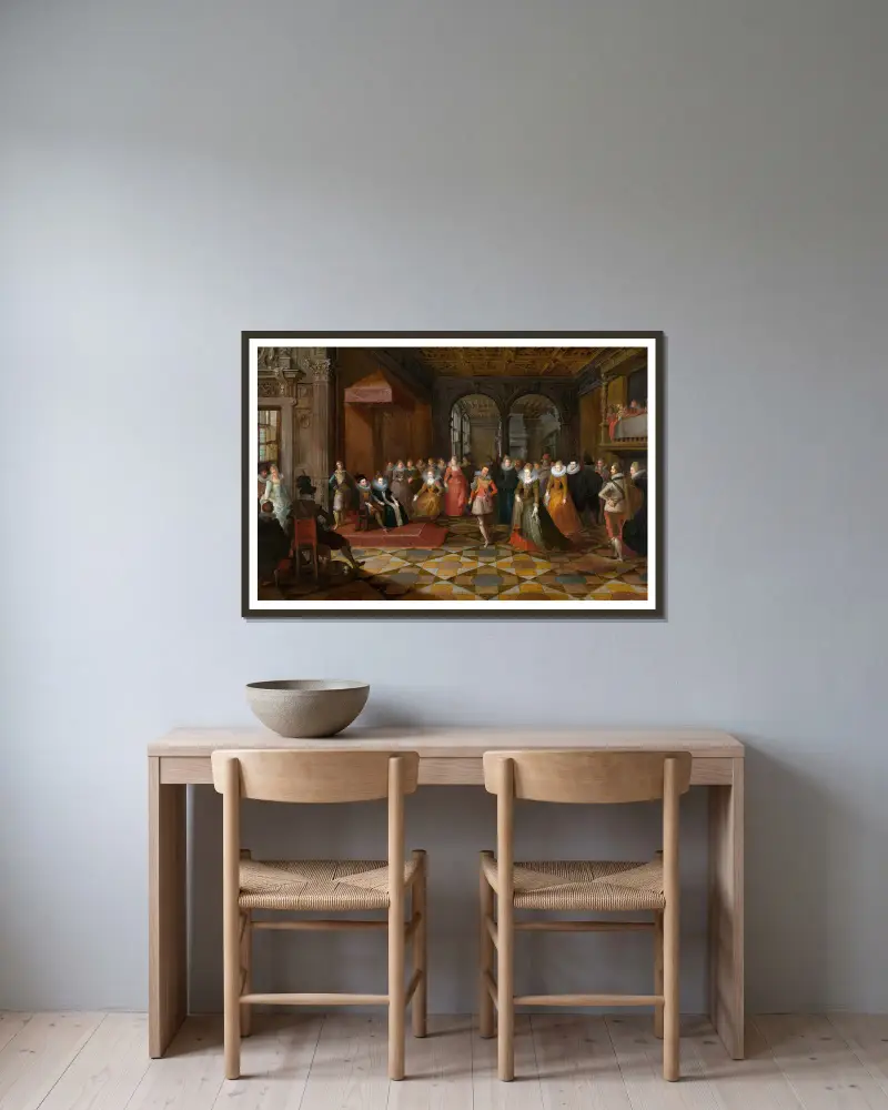 Ballszene an einem Hof in Brüssel von Frans Francken the Younger gerahmt an einer Wand