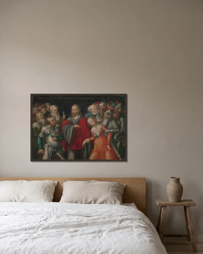 Kristus och äktenskapsbryterskan av Lucas Cranach the Younger inramad på en vägg
