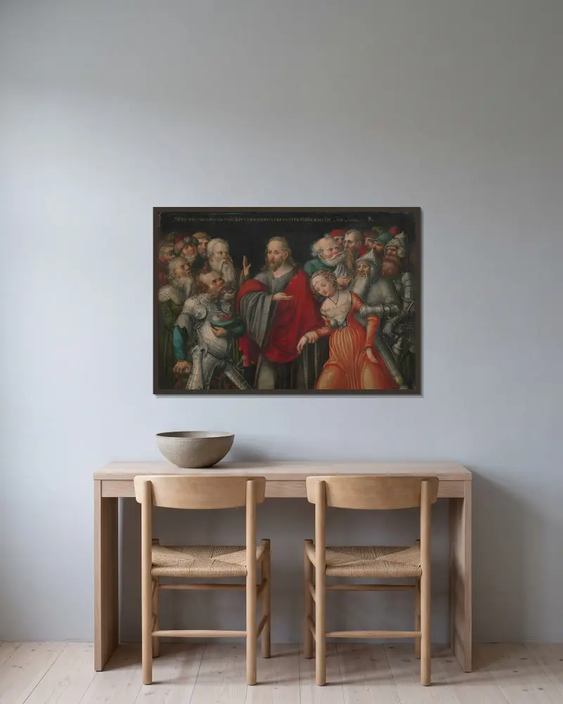Kristus och äktenskapsbryterskan av Lucas Cranach the Younger inramad på en vägg
