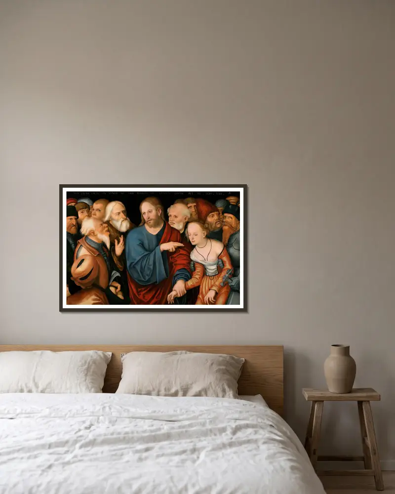 Kristus och äktenskapsbryterskan av Lucas Cranach the Younger inramad på en vägg