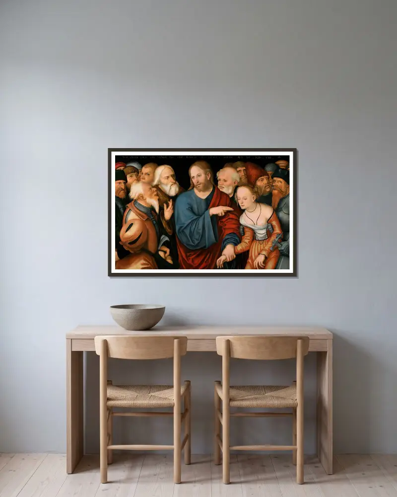 Kristus och äktenskapsbryterskan av Lucas Cranach the Younger inramad på en vägg