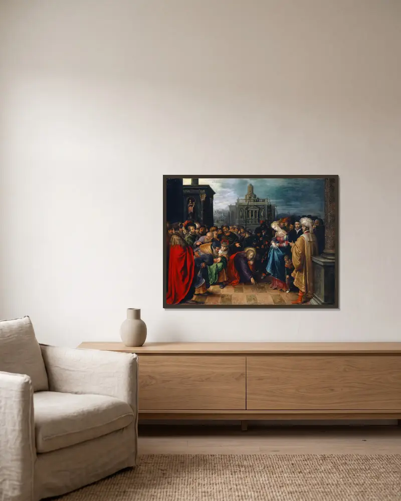 Kristus och äktenskapsbryterskan av Frans Francken the Younger inramad på en vägg