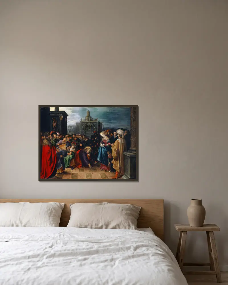 Kristus och äktenskapsbryterskan av Frans Francken the Younger inramad på en vägg