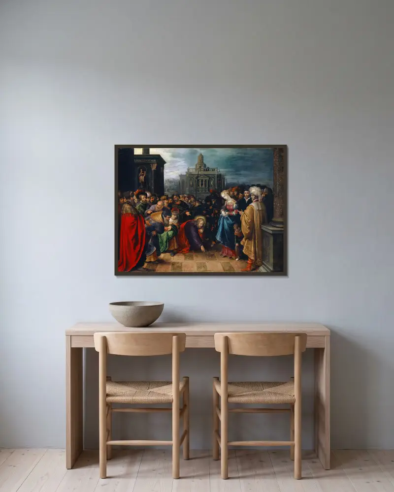 Kristus och äktenskapsbryterskan av Frans Francken the Younger inramad på en vägg
