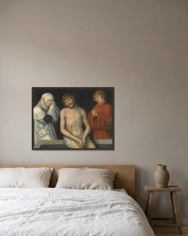 Kristus som smärtornas man med jungfru Maria och Johannes av Lucas Cranach the Younger inramad på en vägg