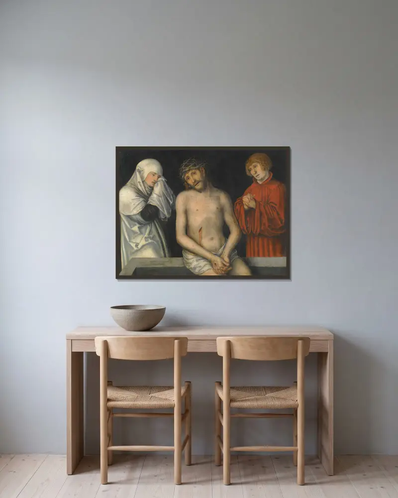 Kristus som smärtornas man med jungfru Maria och Johannes av Lucas Cranach the Younger inramad på en vägg