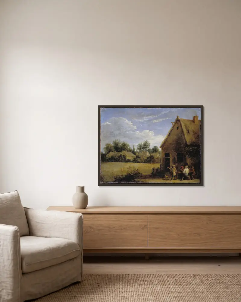 Bauernhaus mit Karten spielenden Bauern von David Teniers The Younger gerahmt an einer Wand