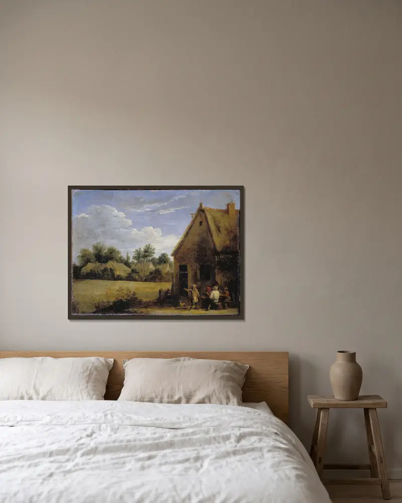 Bauernhaus mit Karten spielenden Bauern von David Teniers The Younger gerahmt an einer Wand