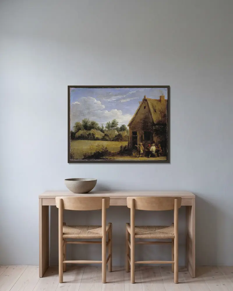 Bauernhaus mit Karten spielenden Bauern von David Teniers The Younger gerahmt an einer Wand