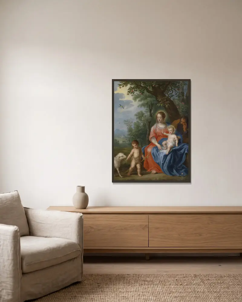 Den heliga familjen med Johannes av Jan Brueghel the Younger inramad på en vägg