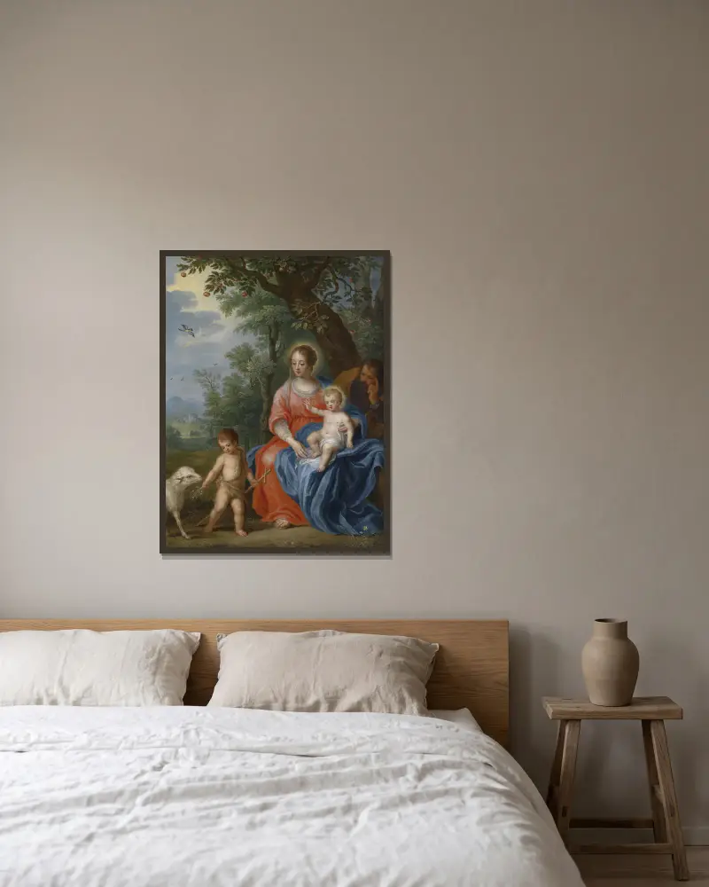 Den heliga familjen med Johannes av Jan Brueghel the Younger inramad på en vägg