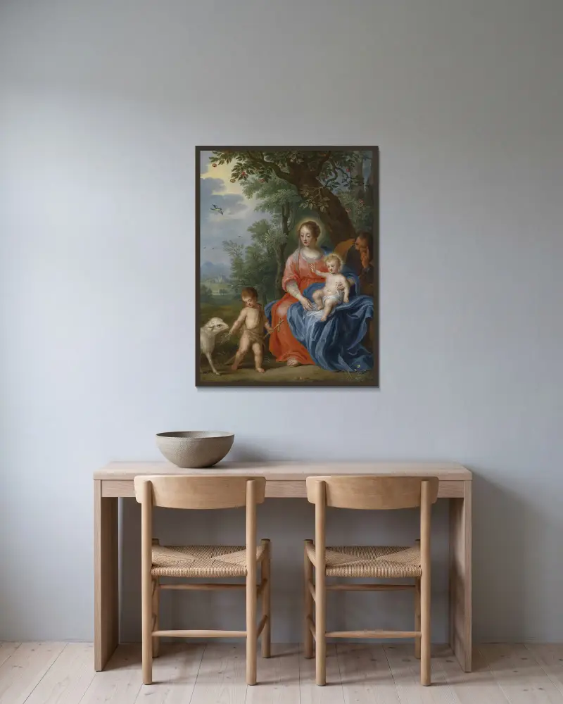Den heliga familjen med Johannes av Jan Brueghel the Younger inramad på en vägg