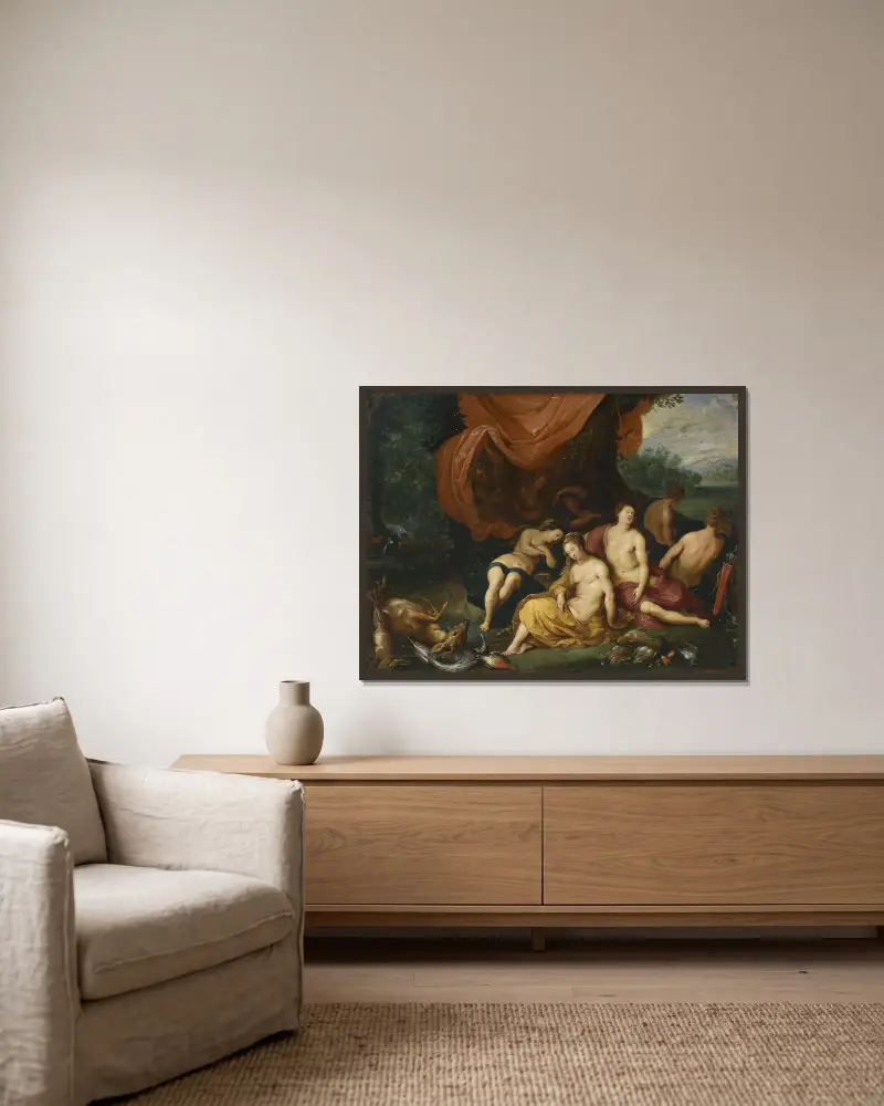 Diana och hennes nymfer efter jakten av Jan Brueghel the Younger inramad på en vägg